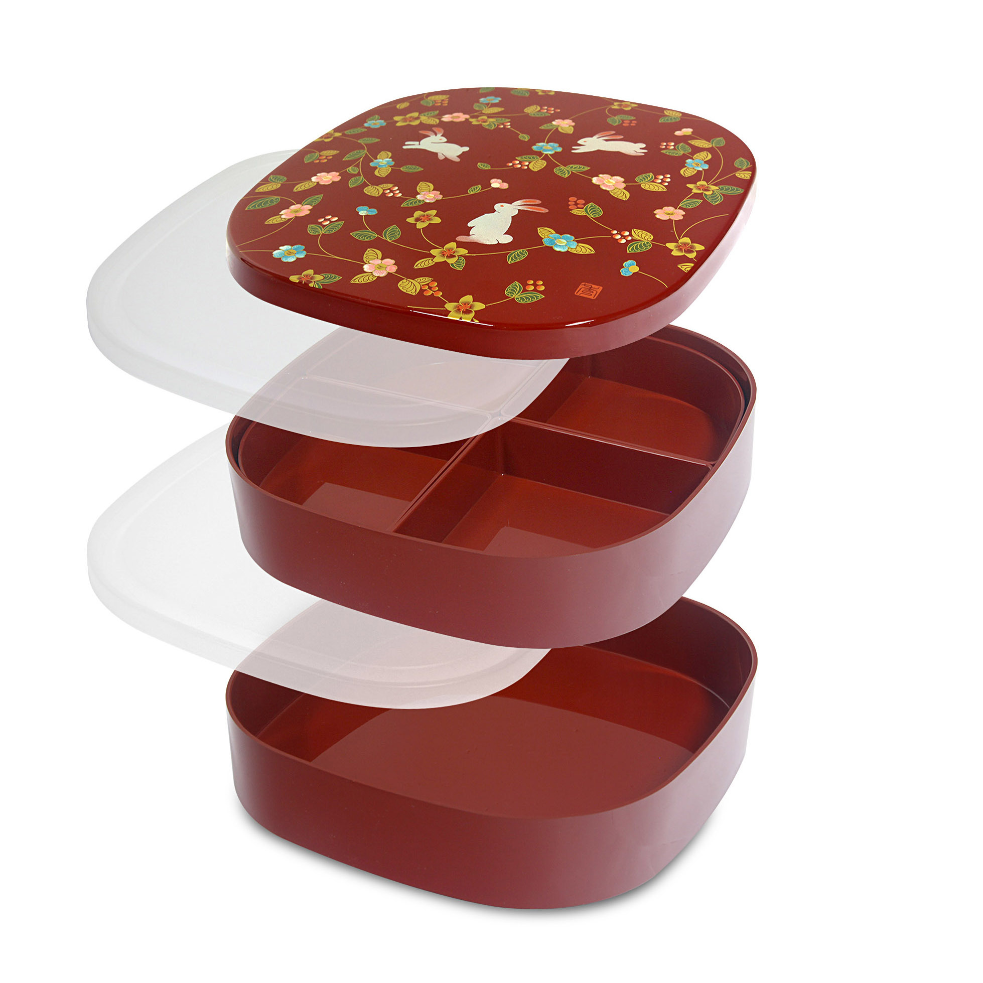 ミタニ 山中漆器 日本製 22cm 方型 朱 花の小路 2層漆器全盒 -M15403-0