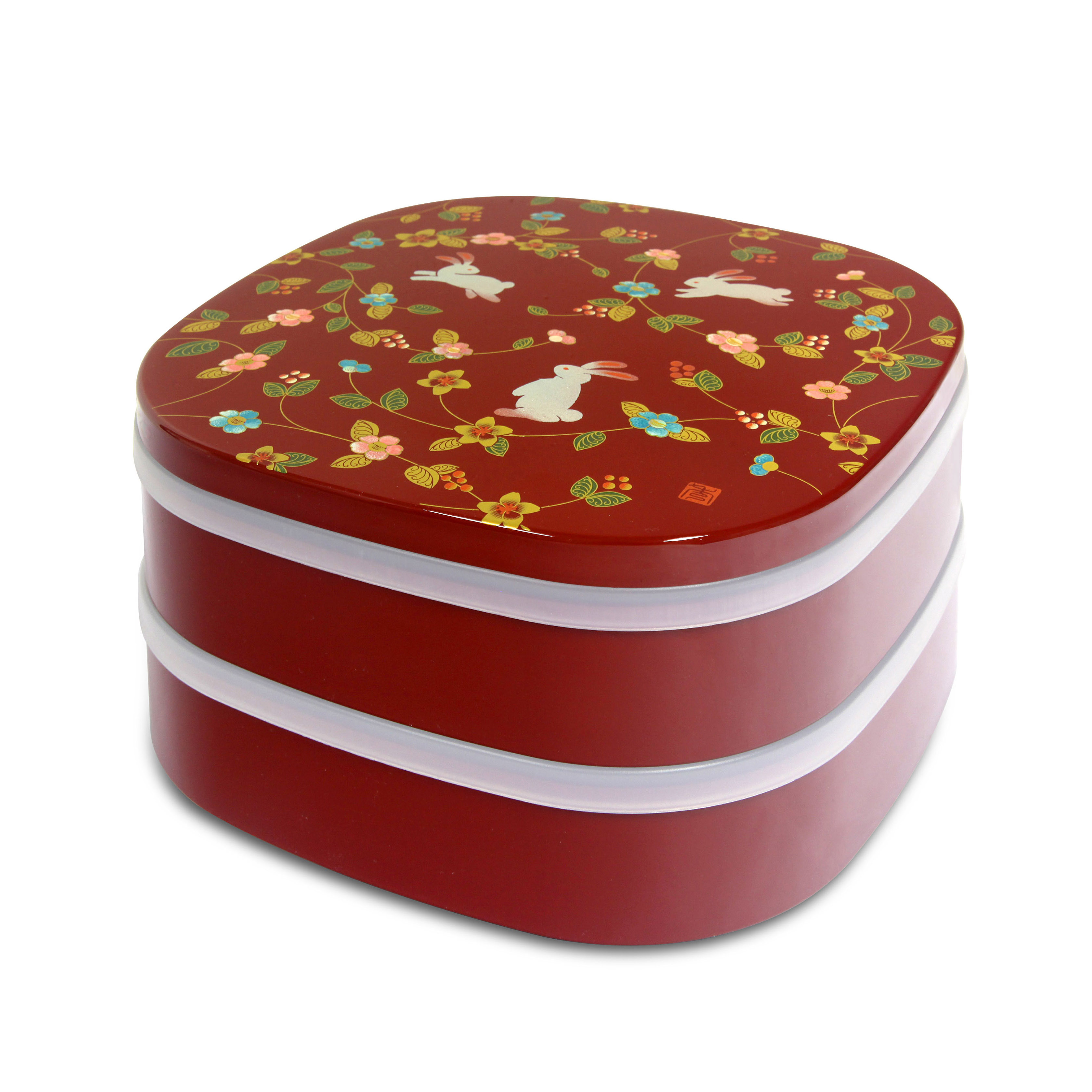 ミタニ 山中漆器 日本製 22cm 方型 朱 花の小路 2層漆器全盒 -M15403-0