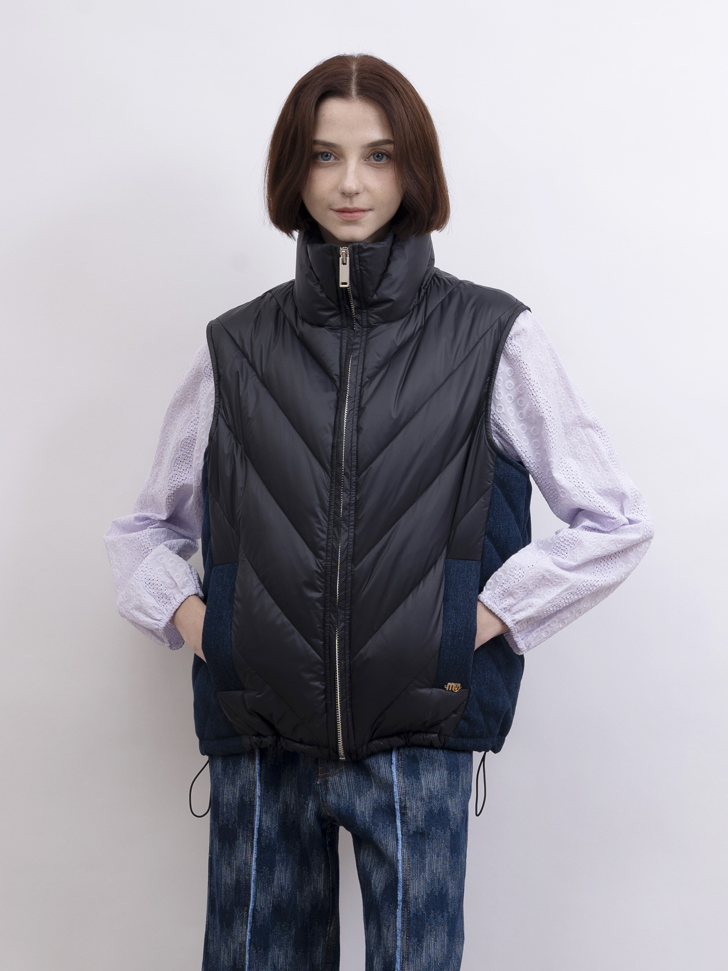 mi-tu 拼牛仔布羽絨背心外套