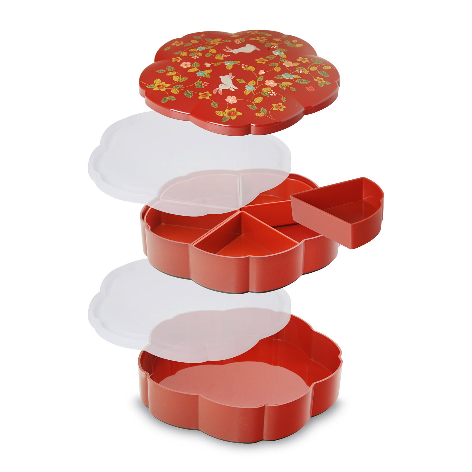 ミタニ 山中漆器 日本製 23cm 桜型 朱 花の小路 2層漆器全盒 -M15404-7R