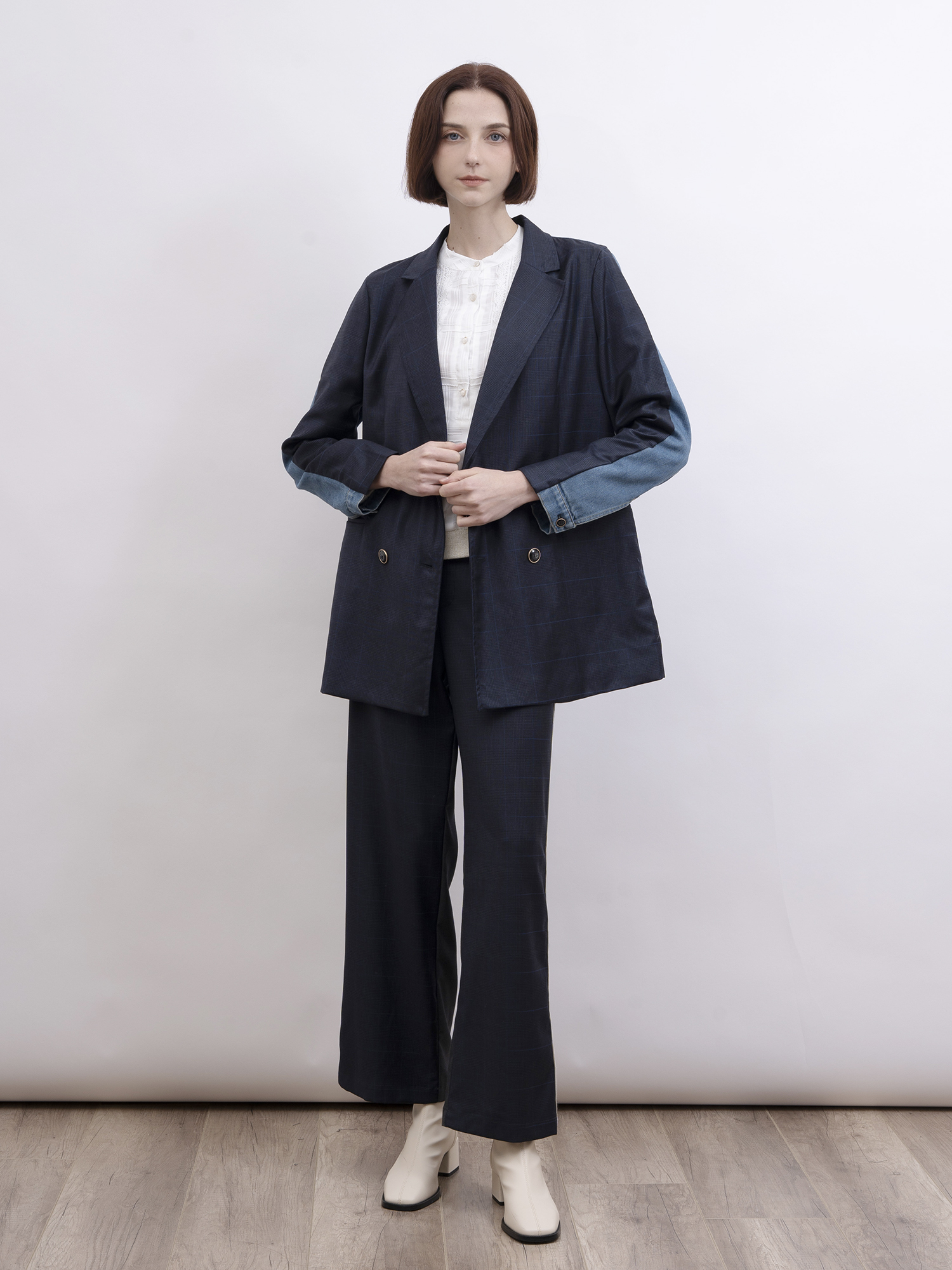 mi-tu 暗格紋拼牛仔布西裝