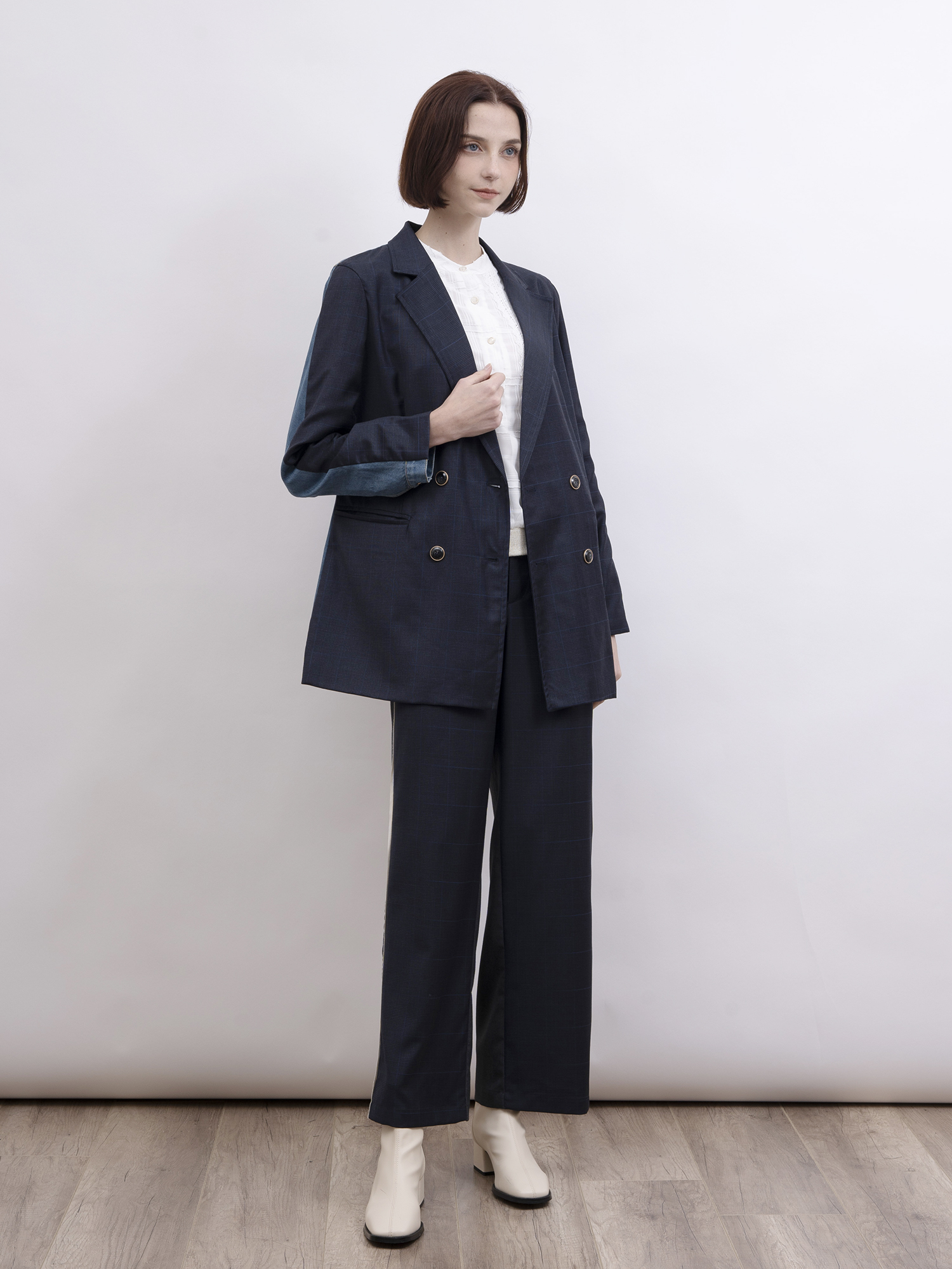 mi-tu 暗格紋拼牛仔布西裝