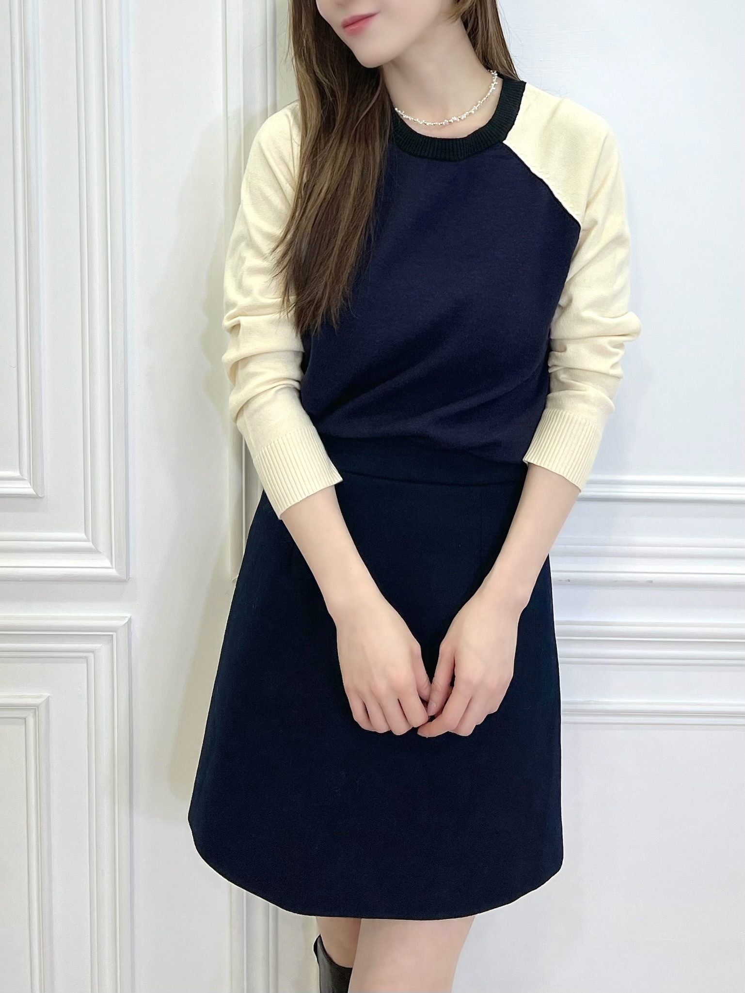 針織袖拼色上衣