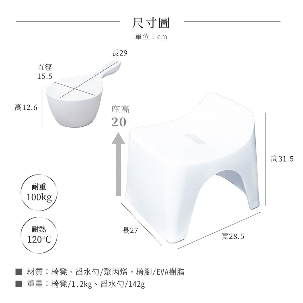 《HUBATH》日本製曲面一體浴椅•舀水勺2件組
