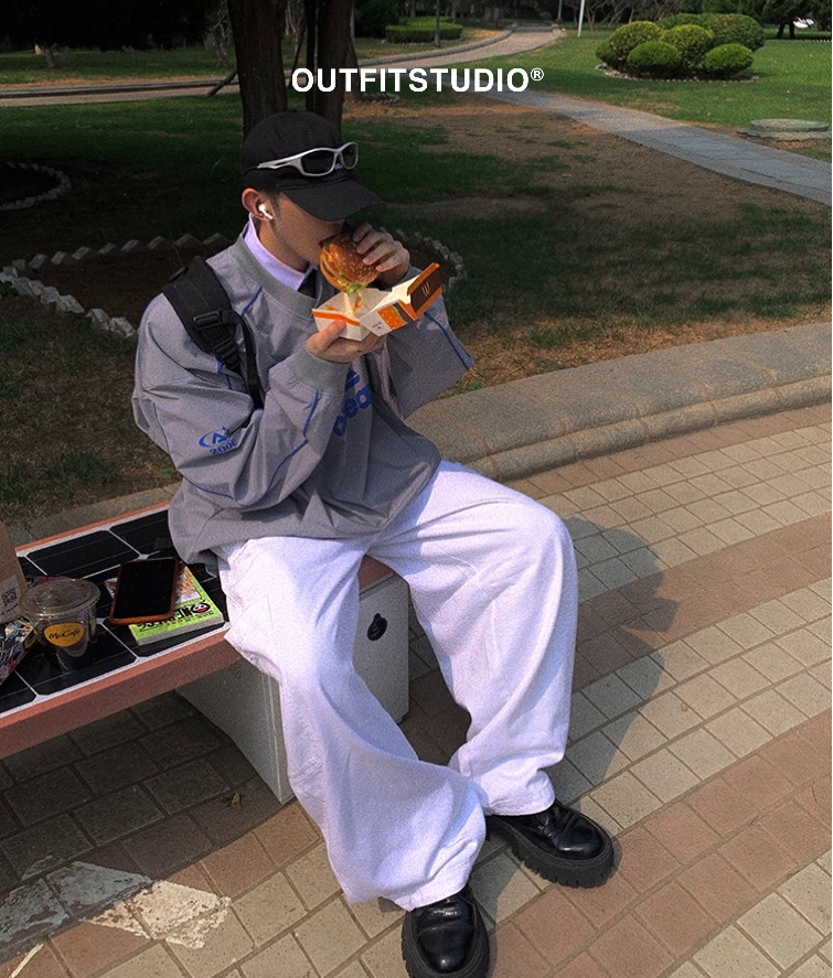 Aurocean 純白重磅大口袋寬鬆工裝牛仔褲