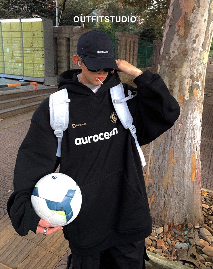 Aurocean 重磅加絨寬鬆厚版logo膠印連帽衛衣