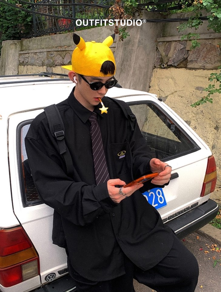 Aurocean 奶痞少年寬鬆抗皺純黑色襯衫