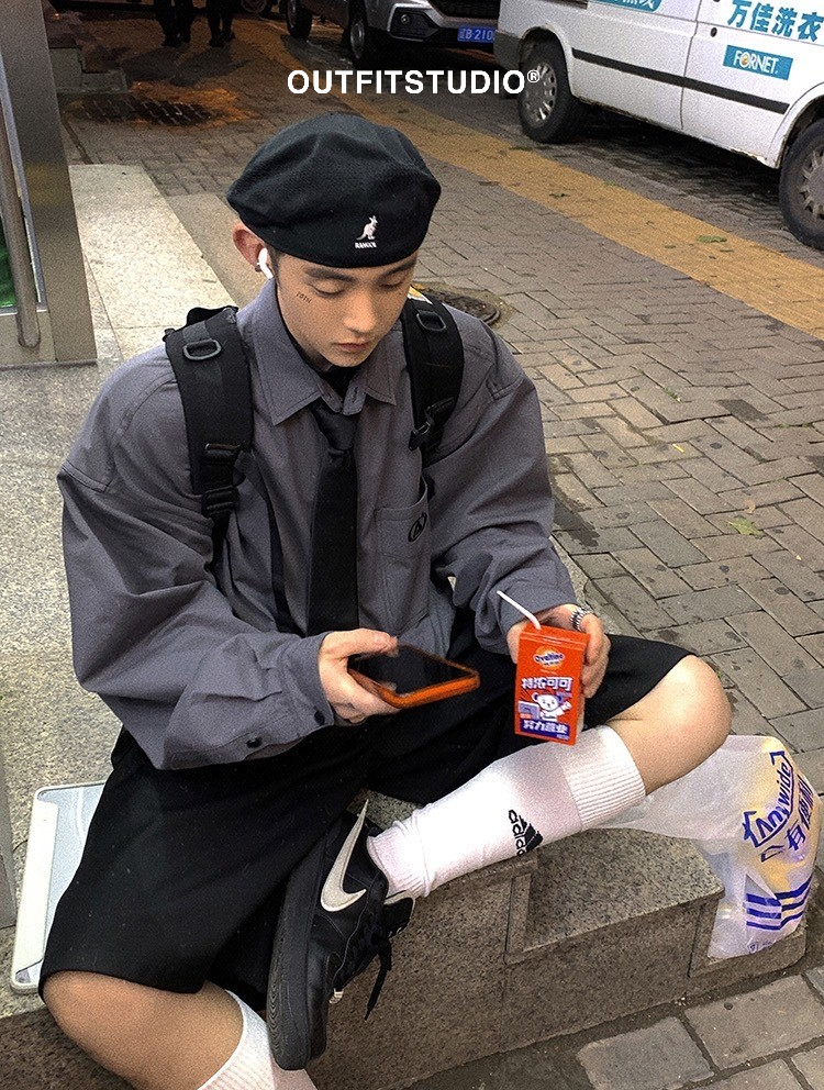 Aurocean 冷灰落肩寬鬆長袖襯衫