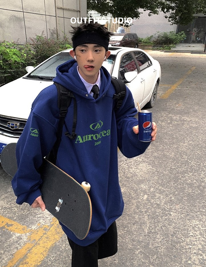 Aurocean 500克重磅寶藍撞色logo連帽衛衣