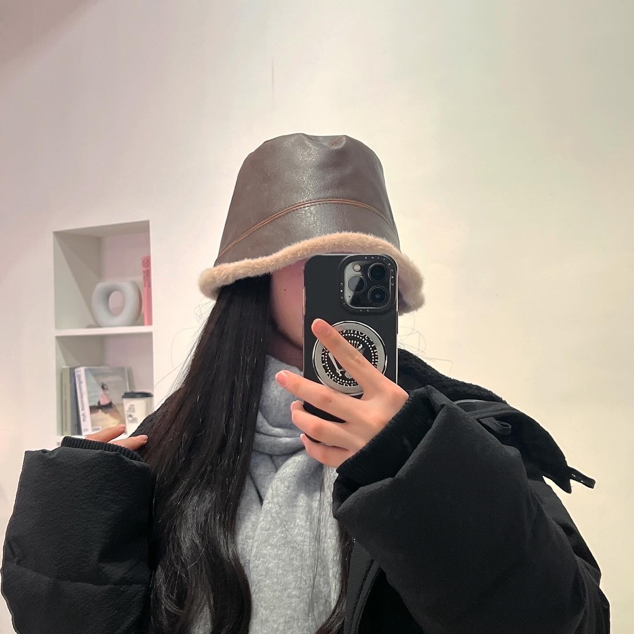 復古皮格羊羔毛漁夫帽/兩色/保暖