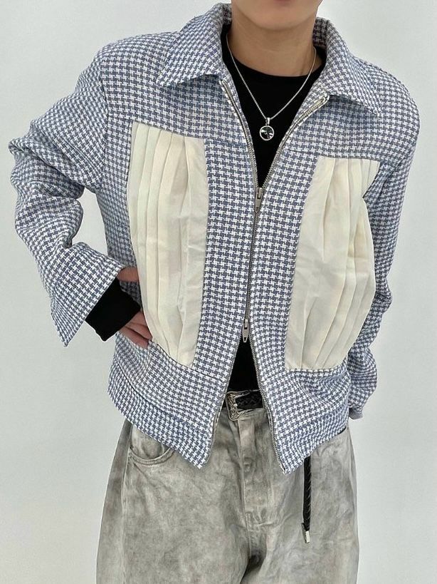 恤衫領千鳥格拼摺布拉鍊外套 D.B.Y.M-016JK