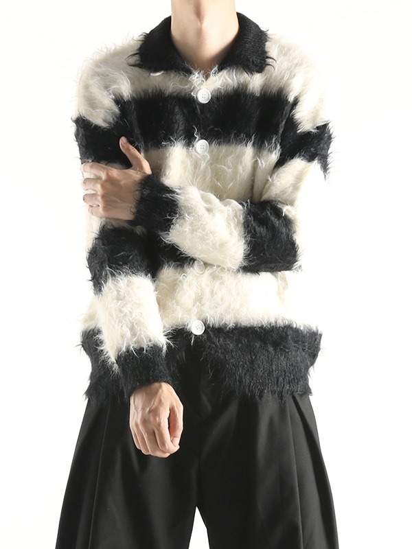 橫條紋圖案馬海毛鈕釦開衫