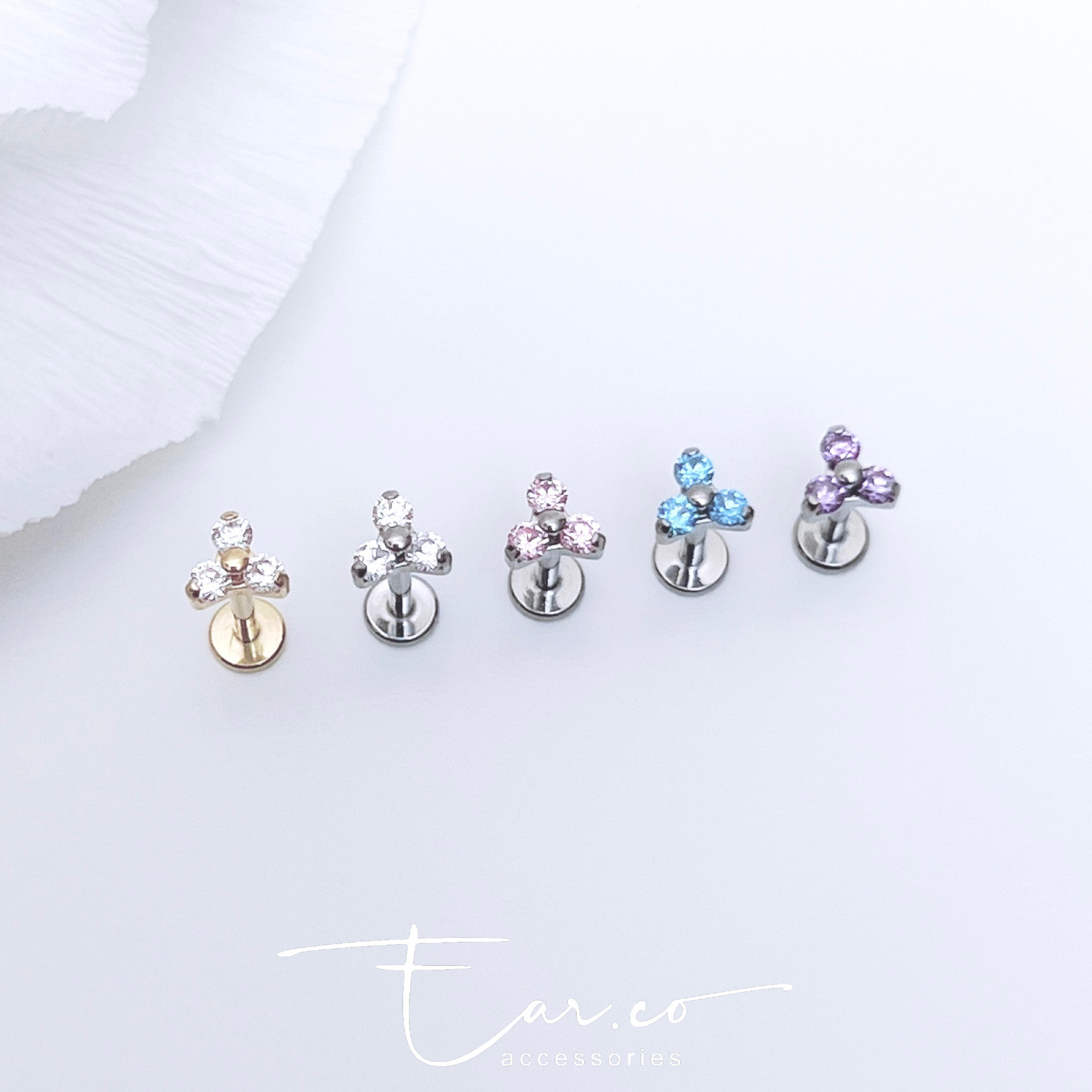 閃石三葉草平頭耳門/耳珠/耳骨釘 [G23 Titanium] [單支]