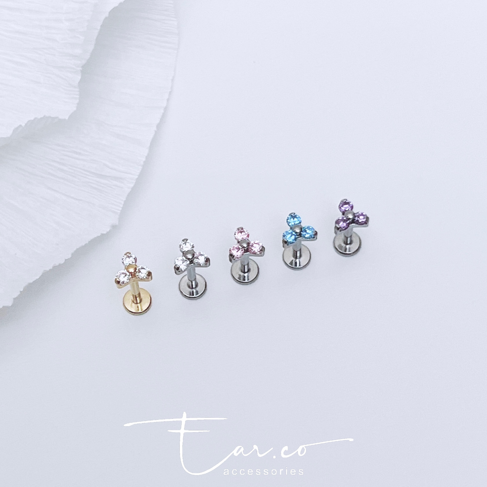 閃石三葉草平頭耳門/耳珠/耳骨釘 [G23 Titanium] [單支]