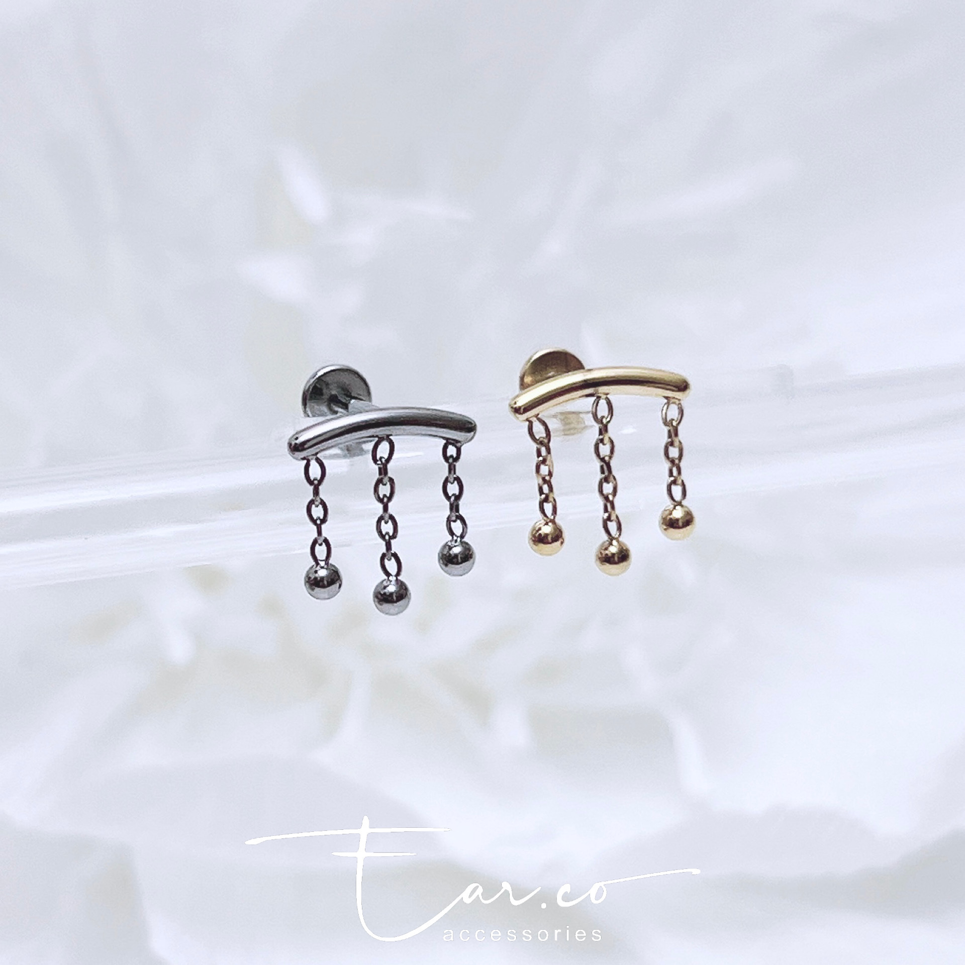 三條波波小流蘇平頭耳珠/耳骨釘 [G23 Titanium] [單支]