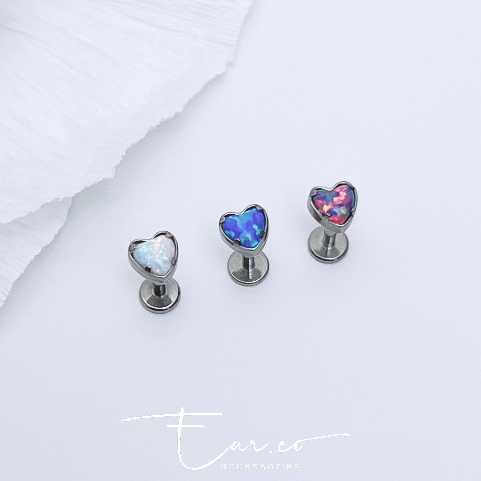 Opal愛心閃石平頭耳門/耳珠/耳骨釘 [G23 Titanium] [單支]