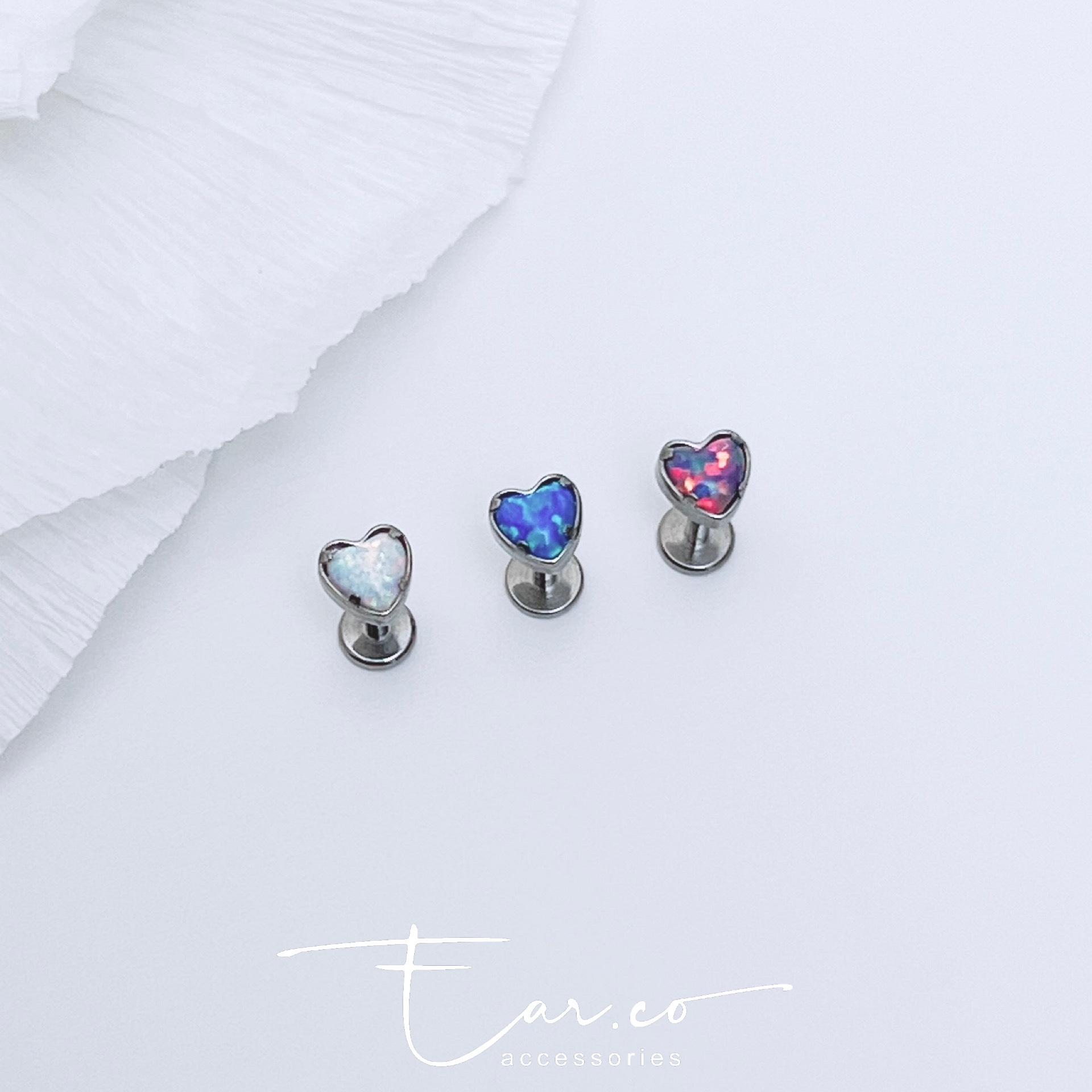 Opal愛心閃石平頭耳門/耳珠/耳骨釘 [G23 Titanium] [單支]