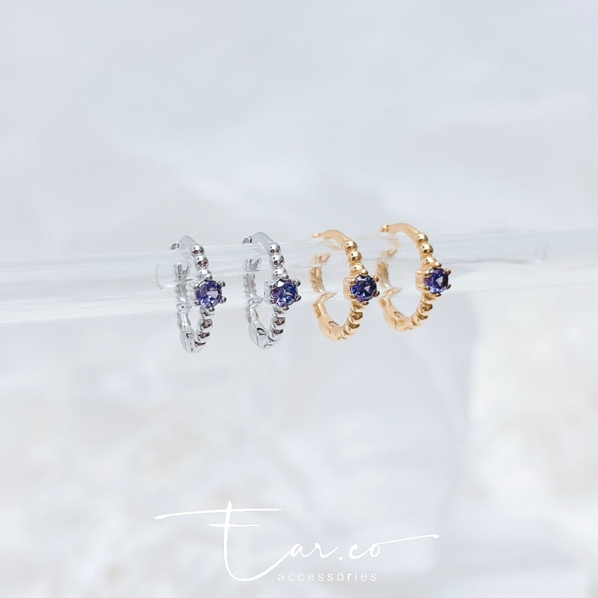 坦桑紫包邊小圓皓純銀小耳圈 [睡覺不用脫! ] #A998