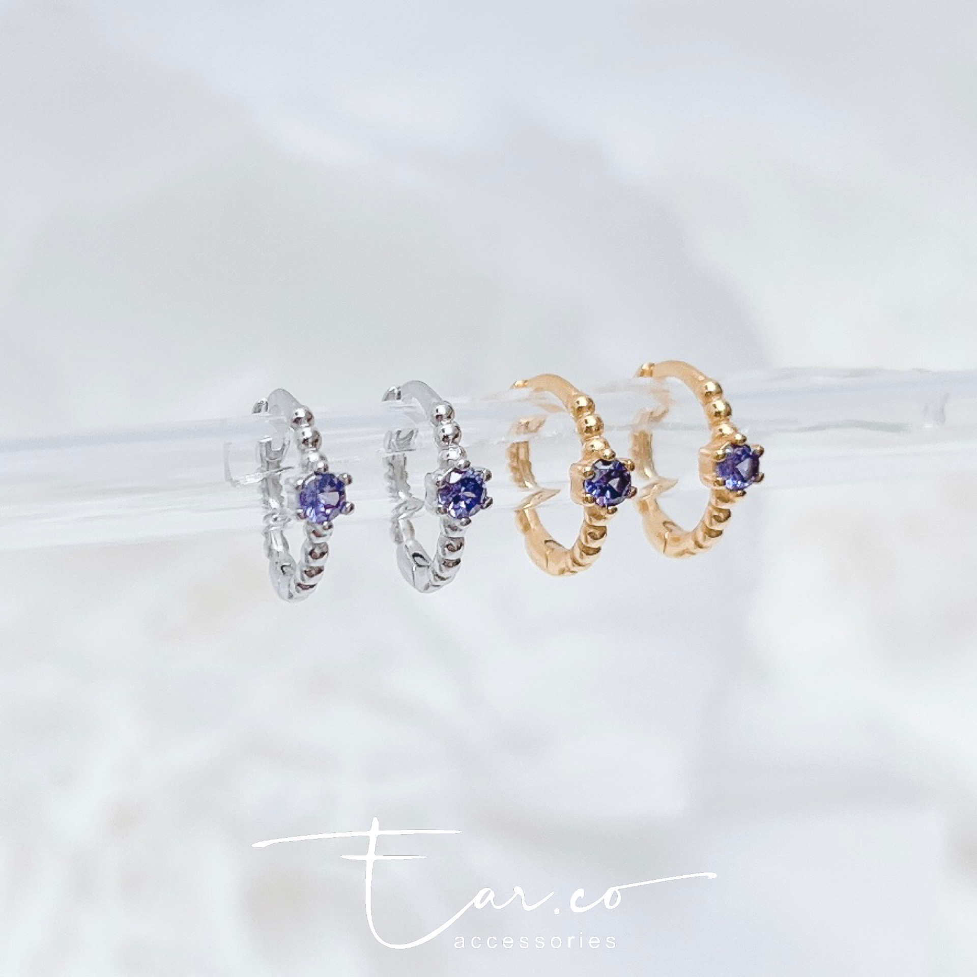 坦桑紫包邊小圓皓純銀小耳圈 [睡覺不用脫! ] #A998