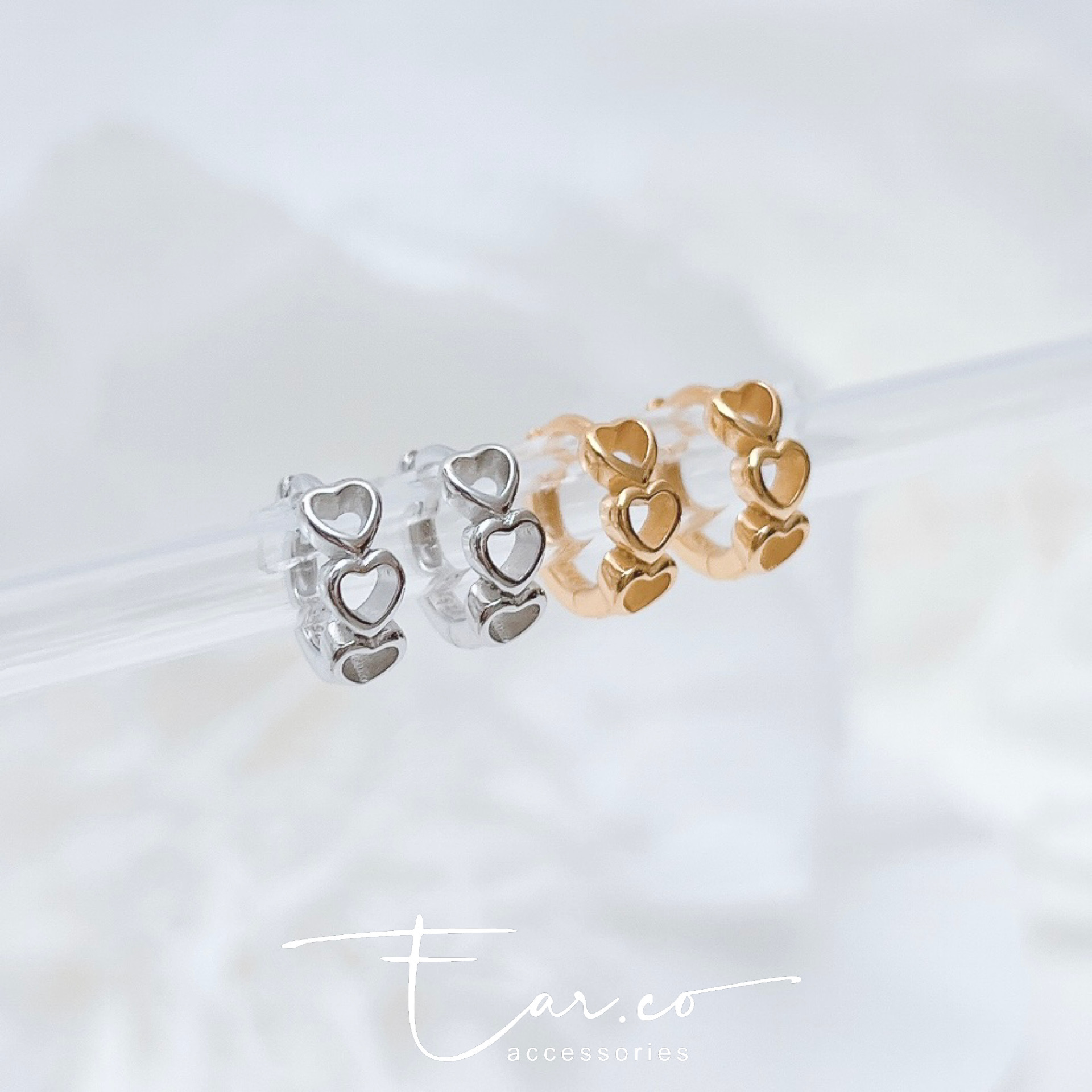褸空三連小愛心純銀小耳圈 [睡覺不用脫! ] #A995