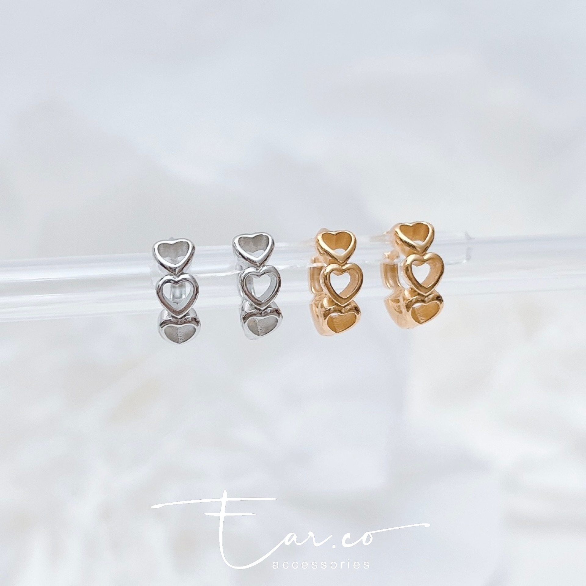 褸空三連小愛心純銀小耳圈 [睡覺不用脫! ] #A995