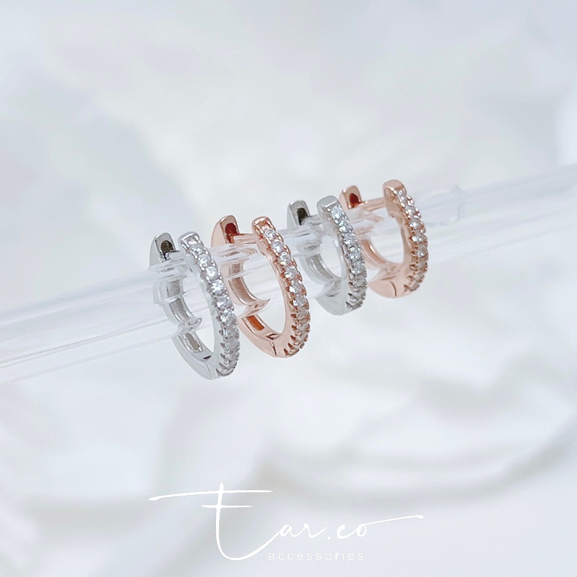 一排閃石直耳針純銀小耳圈 [睡覺不用脫! ] #A991