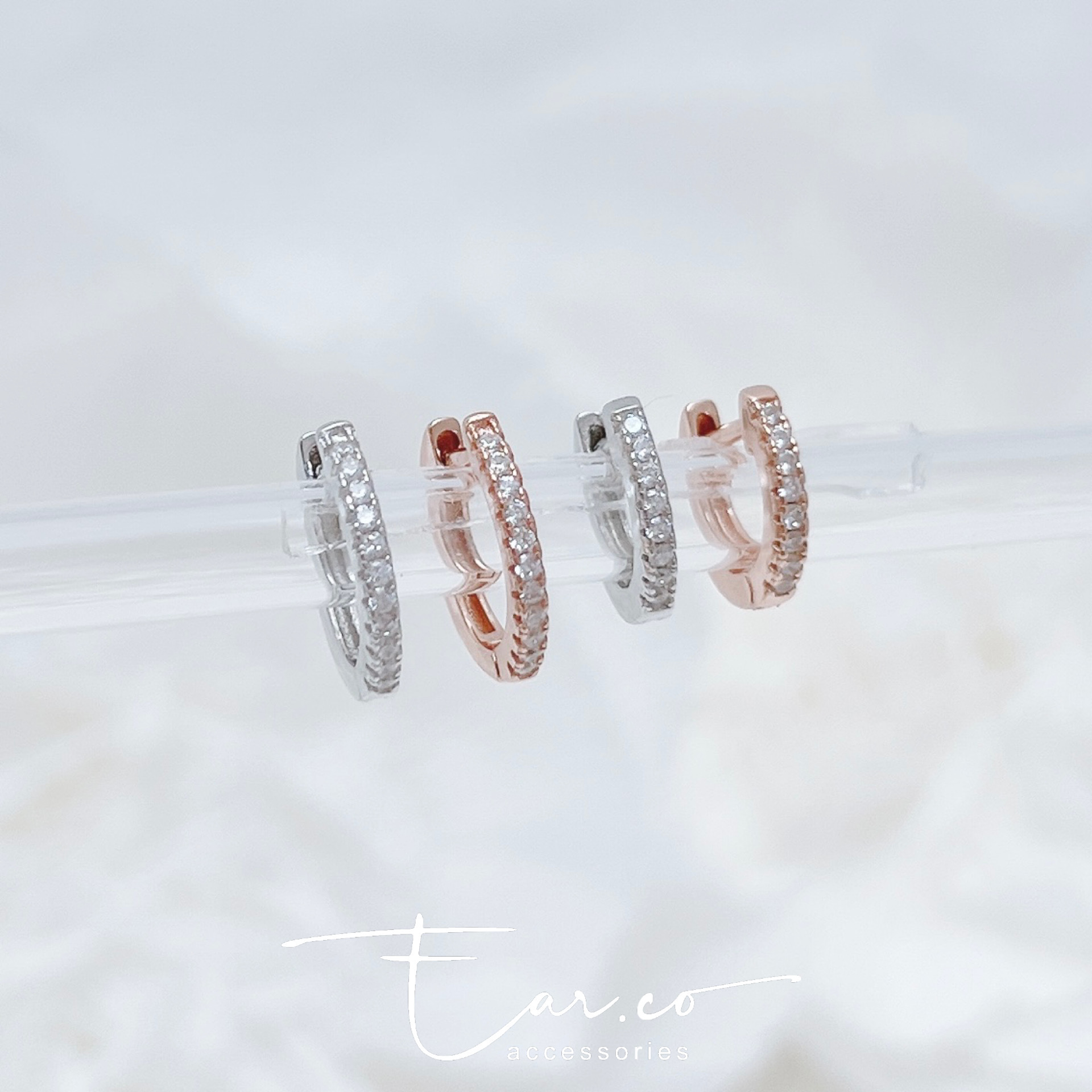 一排閃石直耳針純銀小耳圈 [睡覺不用脫! ] #A991