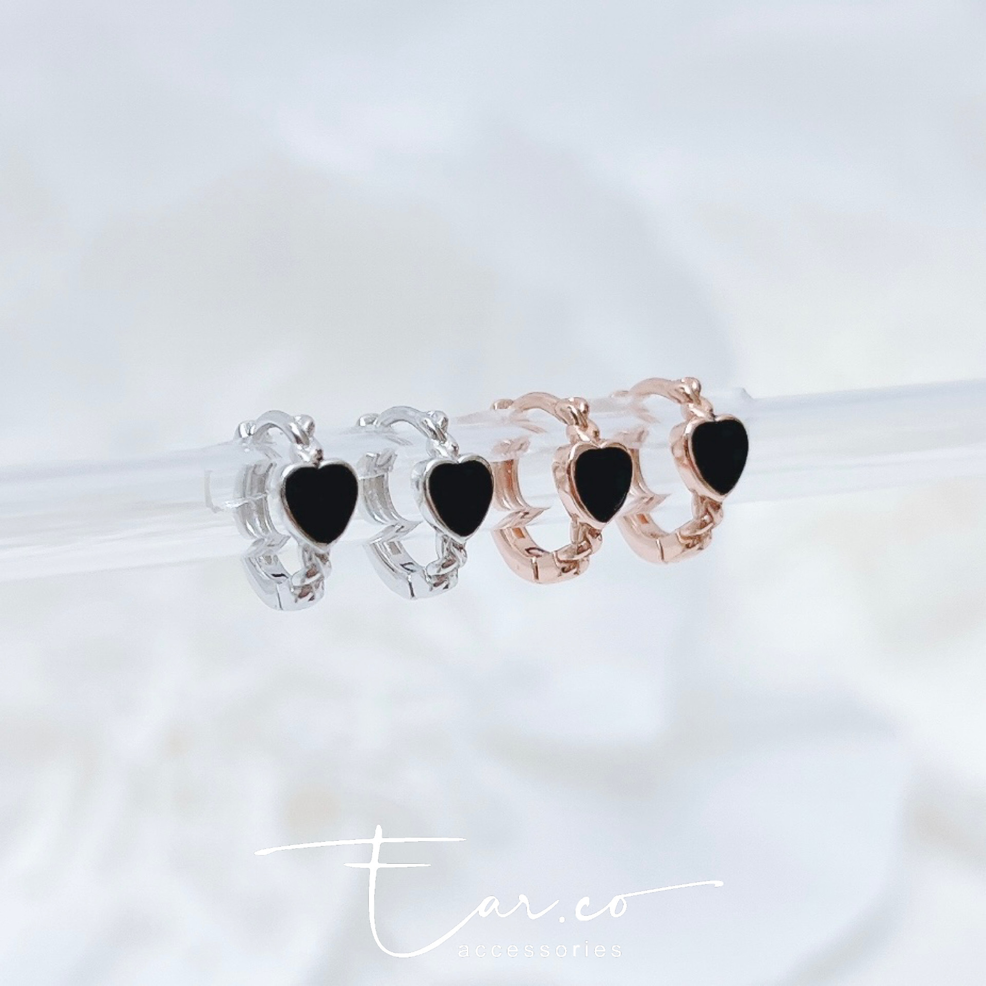 麻花拼光面黑色心形純銀小耳圈 [睡覺不用脫! ] #A990