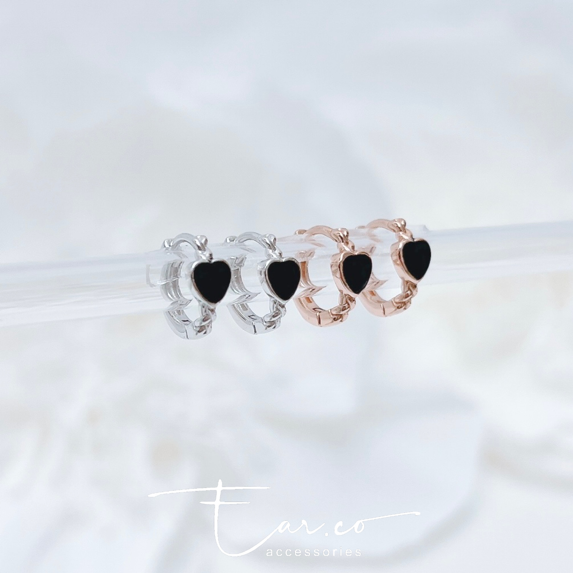 麻花拼光面黑色心形純銀小耳圈 [睡覺不用脫! ] #A990