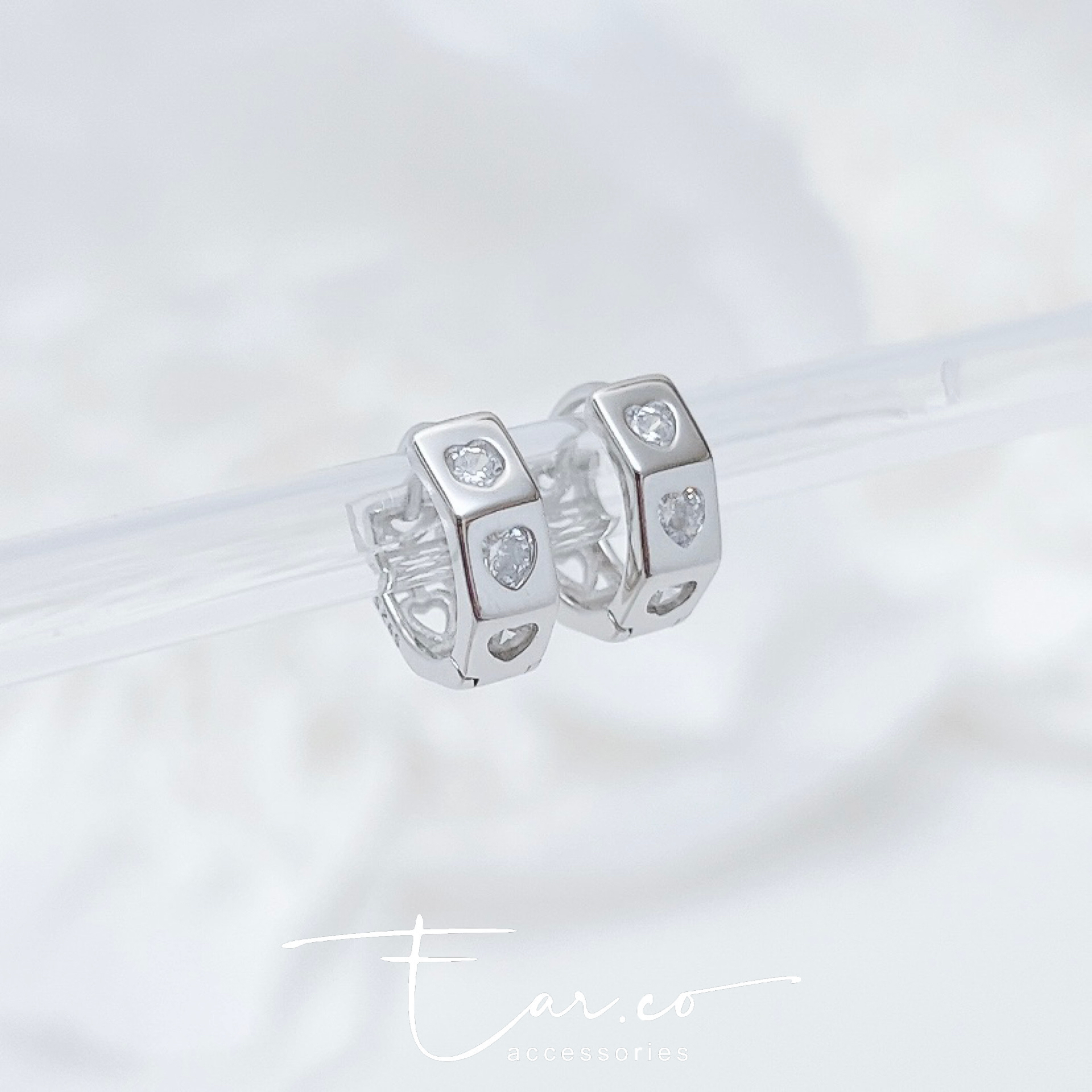 多面鑲嵌心形閃石純銀小耳圈 [睡覺不用脫! ] #A989