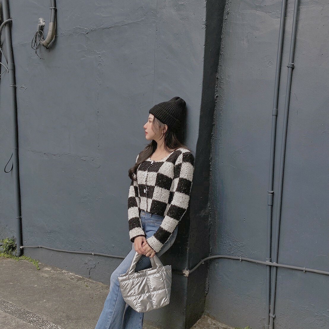 格紋排釦針織毛衣/兩色