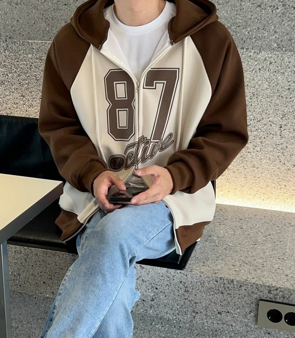 拼色數字連帽拉鍊外套 GAMBLE-035T