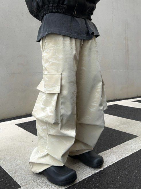 淨色暗紋可束腳工裝合成皮鬆身褲 MONTH-007P