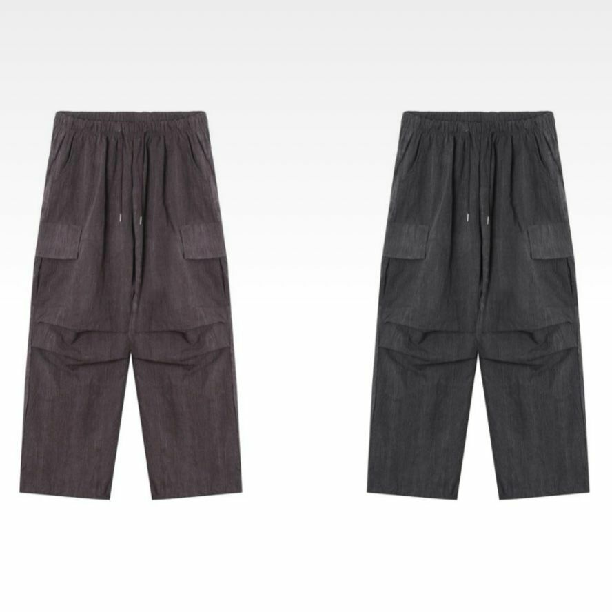 淨色暗紋可束腳工裝鬆身褲 MONTH-010P