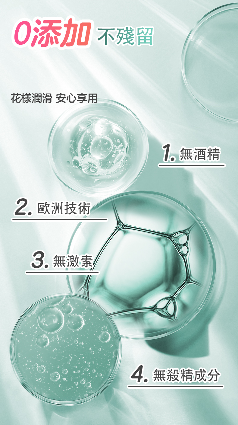 添加 不殘留花樣潤滑 安心享用2. 歐洲技術3. 無激素1. 無酒精4. 無殺精成分