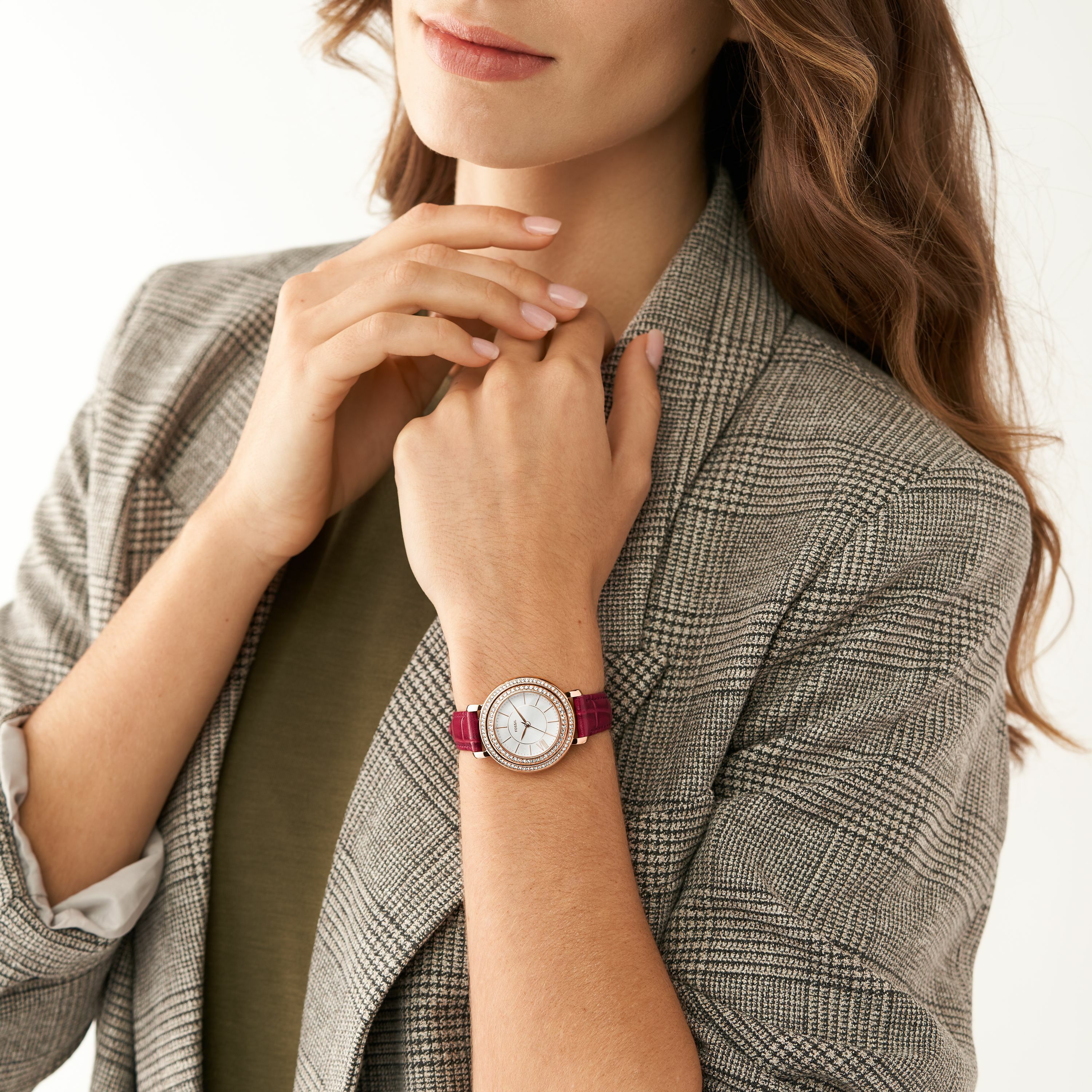Jacqueline 環鑽迎春雕花兔翻轉女錶 紅色皮革錶帶 34MM ES5248