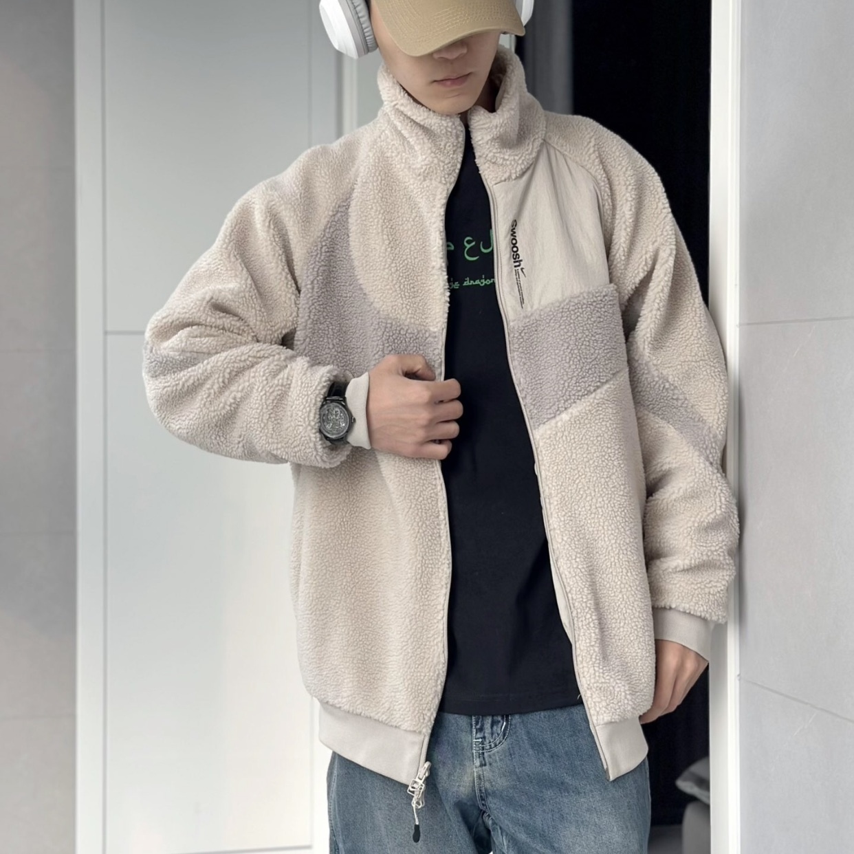 【現貨】Nike NSW  絨毛 羊羔毛 立領 單勾 大勾 外套 雙面穿 風衣 黑灰 奶白