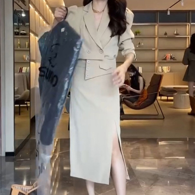 不對稱西裝外套+高腰裙(2件組)(卡其/黑/粉)