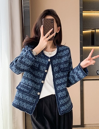 休閒百搭 牛仔拼接小香感外套(藍/杏)