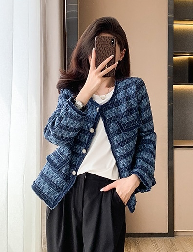 休閒百搭 牛仔拼接小香感外套(藍/杏)