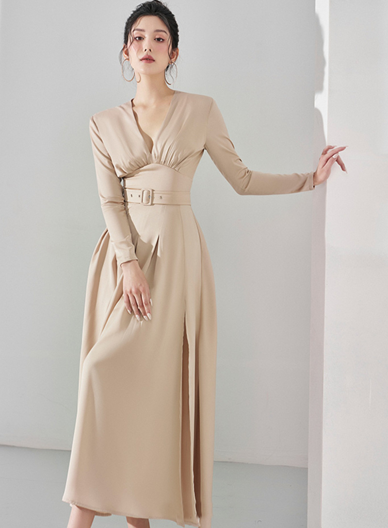 V領優雅開衩素雅洋裝