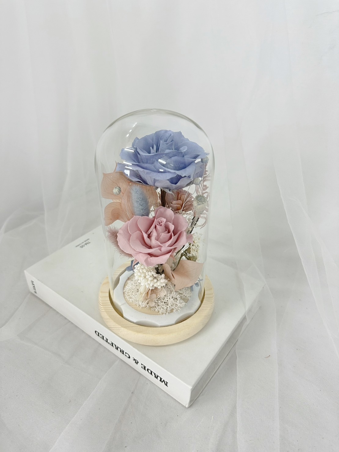永生花玻璃罩|莫蘭迪色永生花鐘木底款|生日禮物|情人節禮物|企業送禮|空間布置|七夕禮物