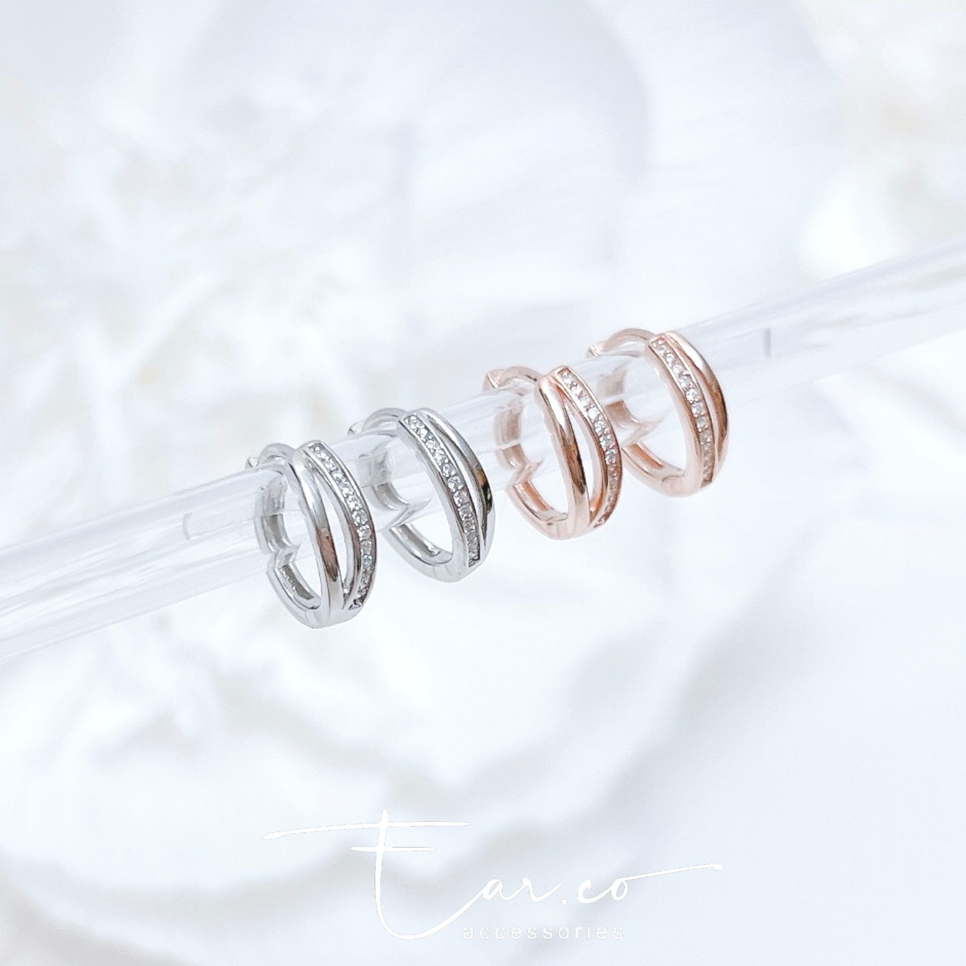 閃石拼光面雙圈設計純銀小耳圈 [睡覺不用脫! ] #A981