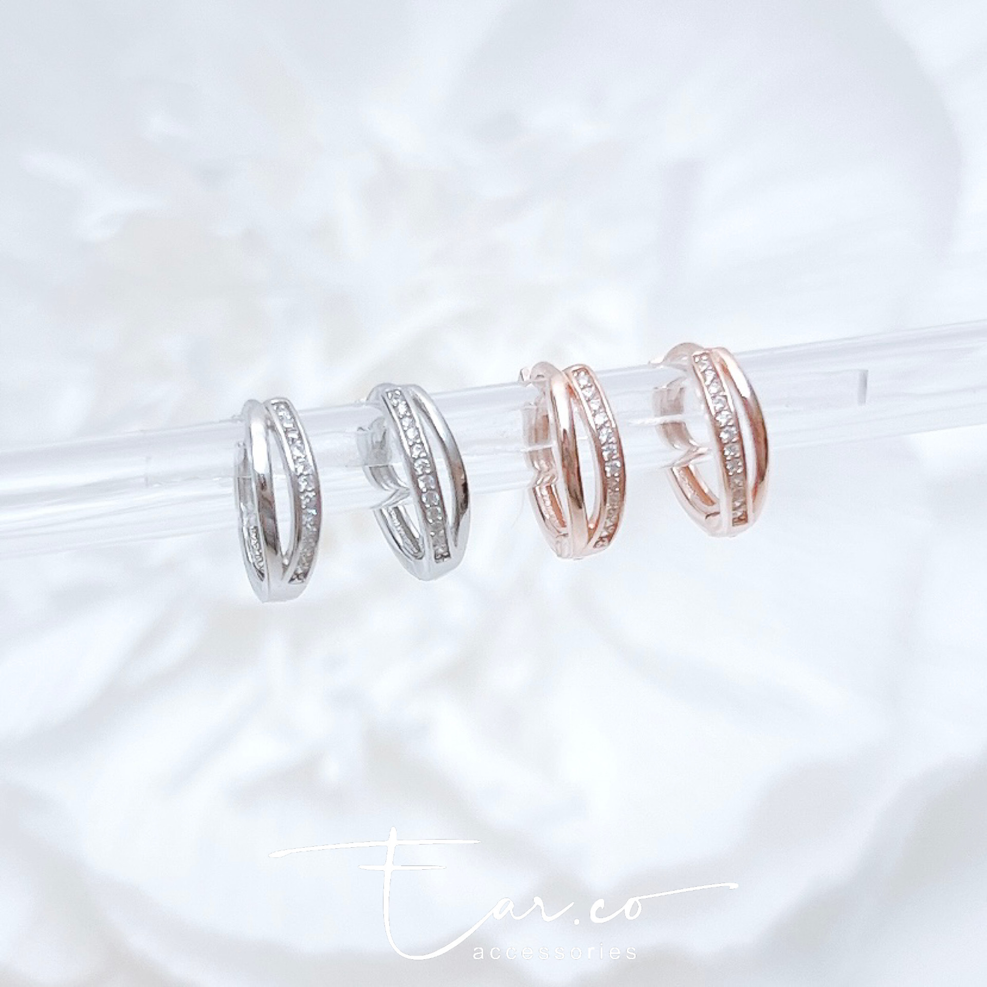 閃石拼光面雙圈設計純銀小耳圈 [睡覺不用脫! ] #A981