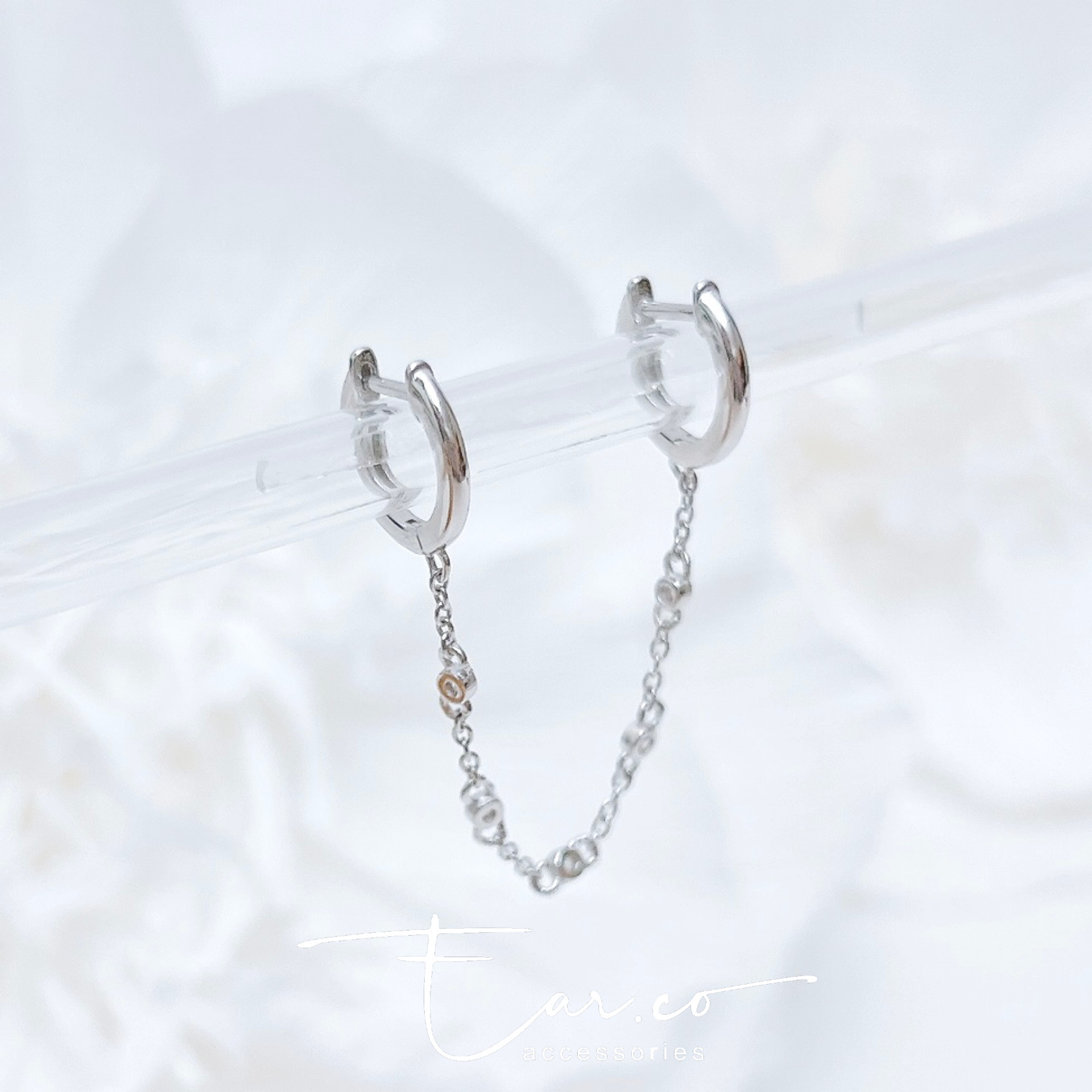 雙連閃石鏈條純銀小耳圈 [睡覺不用脫! ] #A976