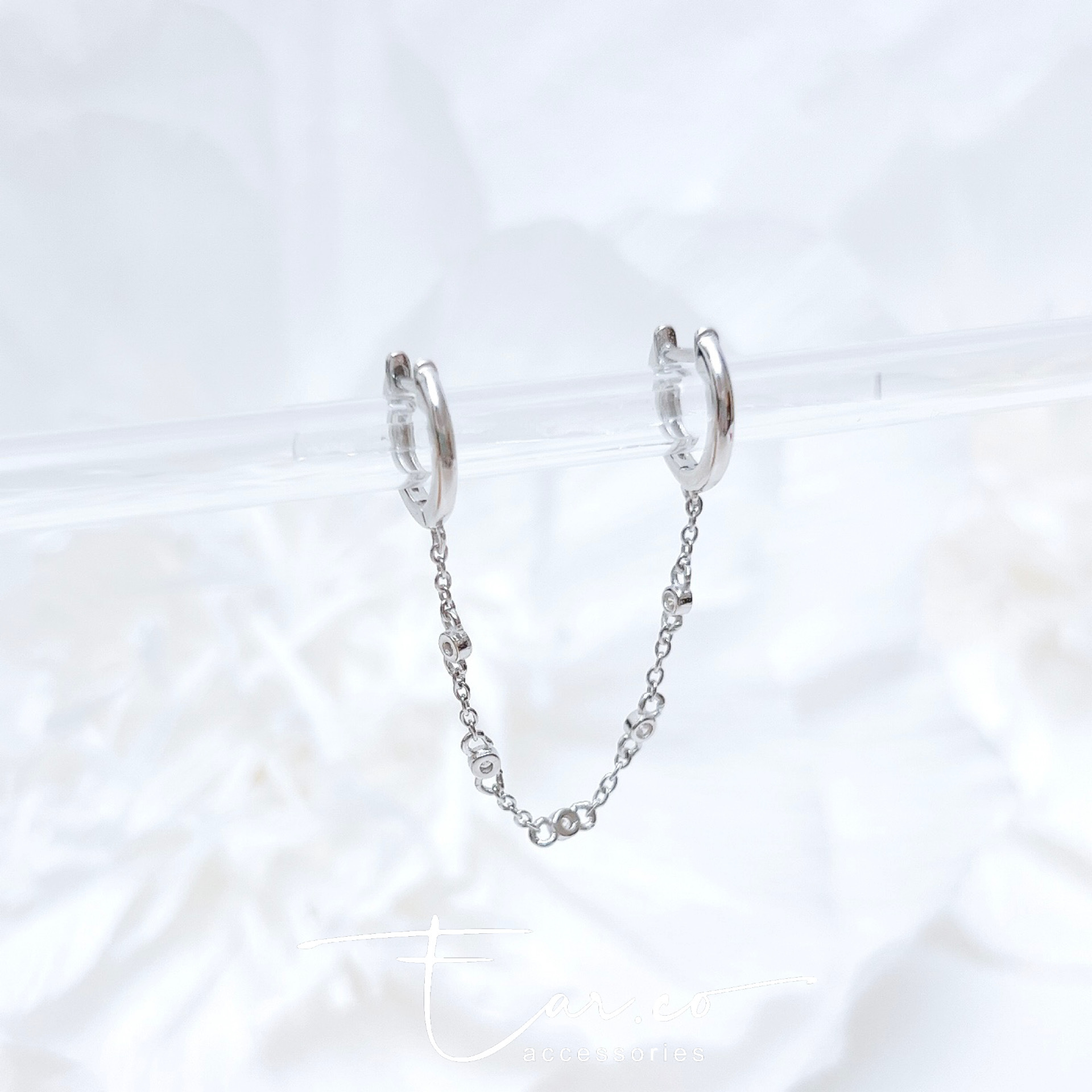 雙連閃石鏈條純銀小耳圈 [睡覺不用脫! ] #A976