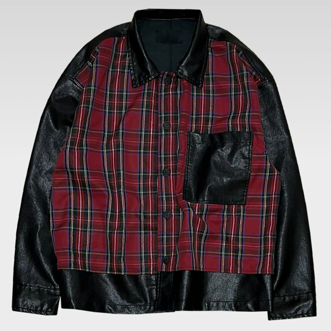 拼格仔合成皮長袖恤衫 S2202