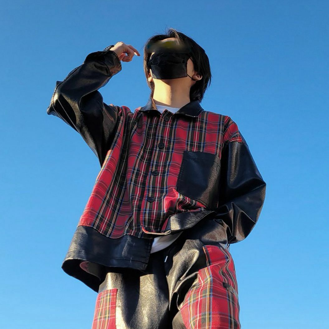 拼格仔合成皮長袖恤衫 S2202