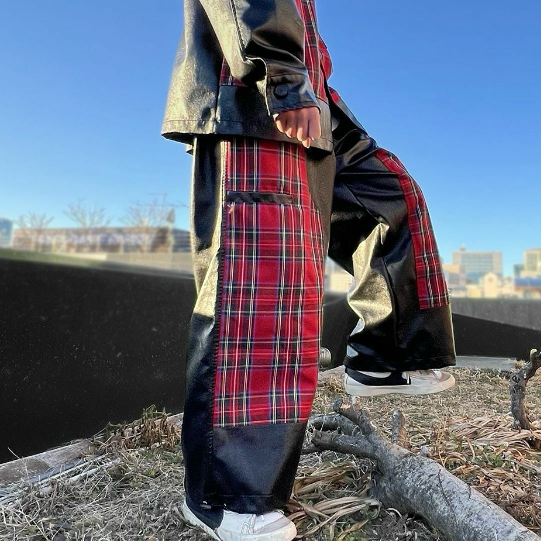 拼格仔合成皮鬆身褲 P2688