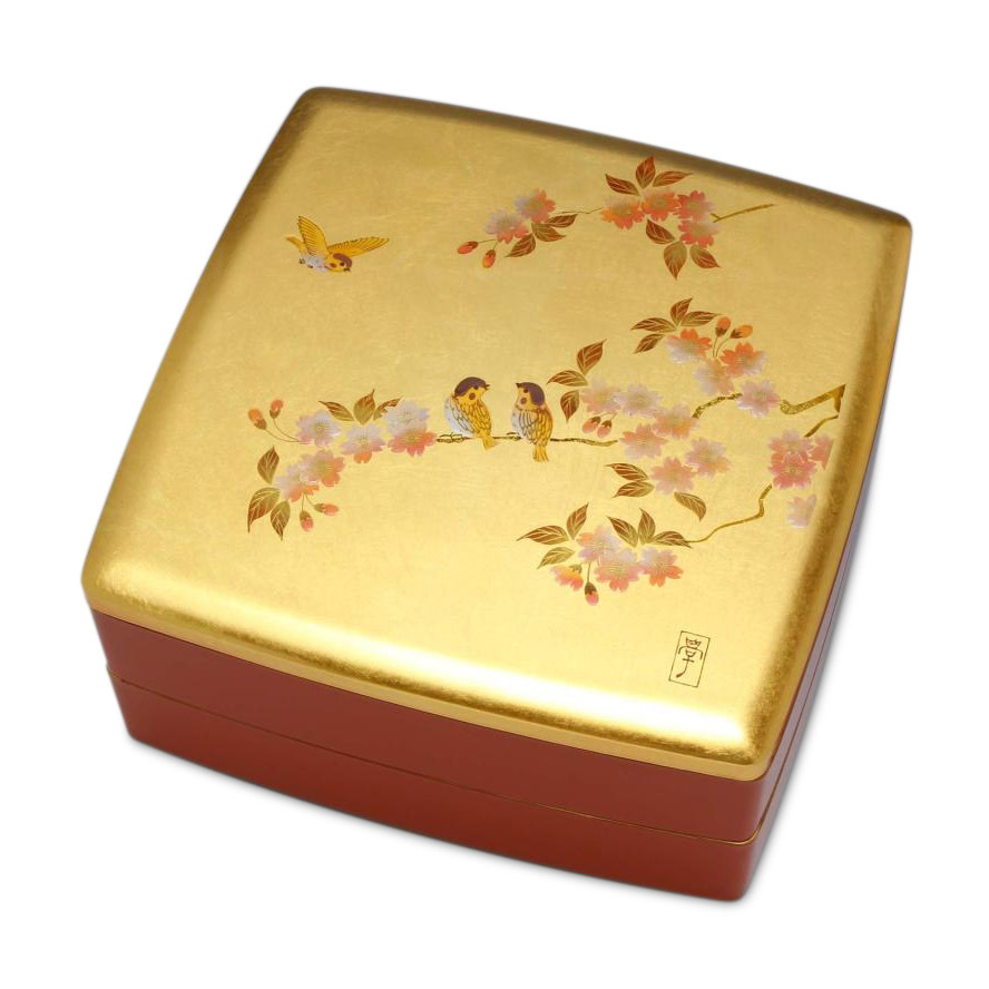 ミタニ 山中漆器 日本製 24cm 方型 金箔花鳥 2層漆器全盒 -M13170-3